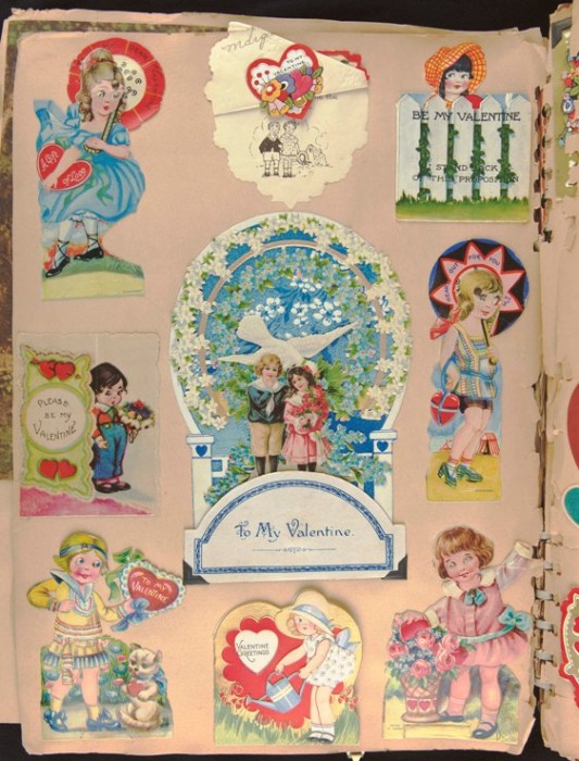 scrapbook page of old Valentine Day cards