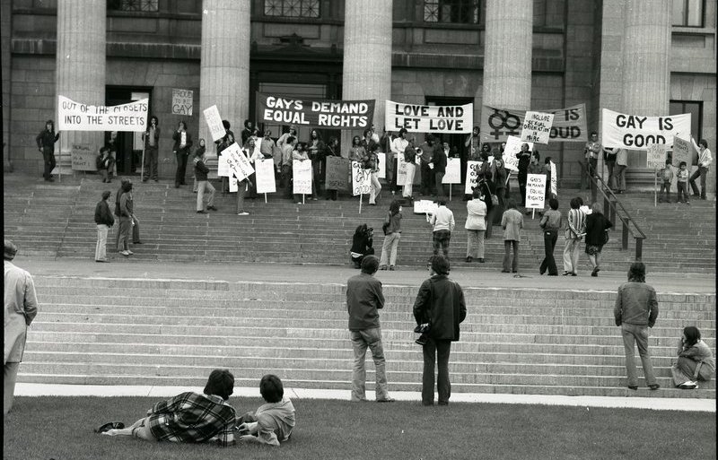 1974 photo of people on the Legislature steps protesting for gay rights