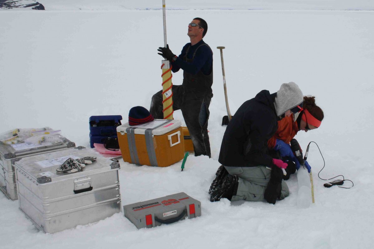 Ice sampling. Nicolas-Xavier Geilfus with the ice corer. Alexis Burt and Kerri Warner taking temperature readings from ice core. Credit: Bruno Delille
