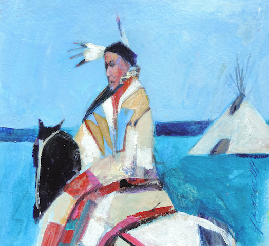 A painting of an Indigenous person on a horse