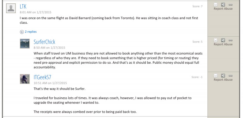 comments from teh free press website about how Barnard flies coach