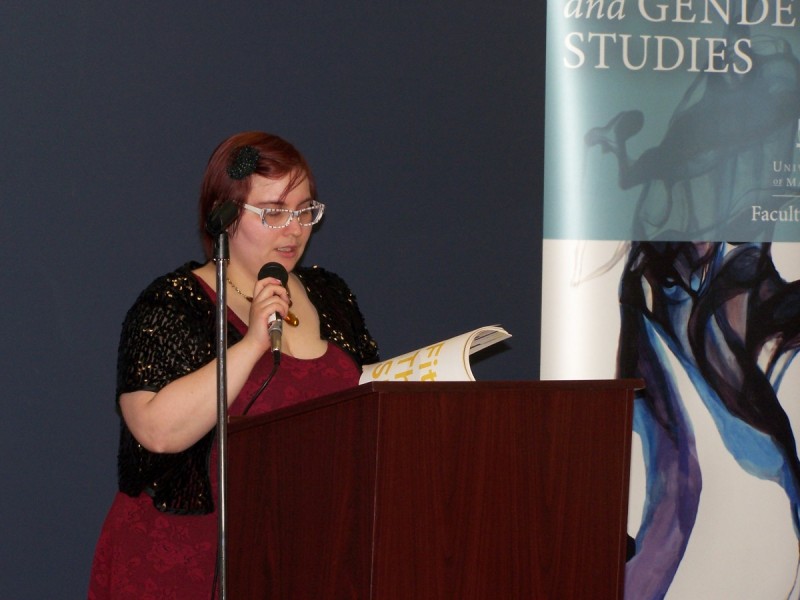 Campus Life student Tabitha Stephenson reads from her speech at the FAQ review launch March 12.