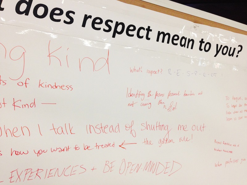 people wrote in red ink what respect means to them, "kindness" and "kind" appear often