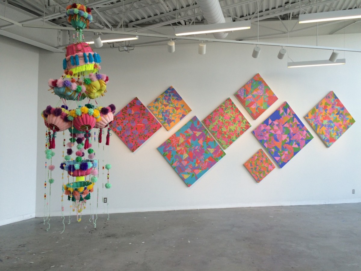 Amanda Marie Abrahams, Arrangement (wall installation) and Garden Party (hanging sculpture), 2015