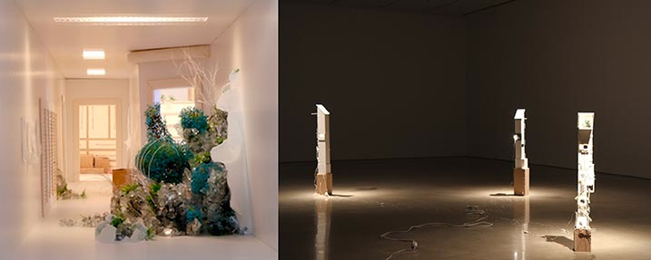 l-r: Erica Dueck, Untitled (Tower #3) detail, 2015, foam core, mirror, cardboard, paper, sponge, moss, hair, paint, wood, LED lights, approx. 55.5"h x 1 0" x 7.5”; Untitled, (Tower #1, Tower #2, Tower #3) Installation at School of Art Gallery