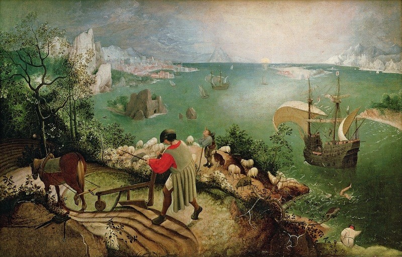 Landscape with the Fall of Icarus, c.1555 (oil on canvas) by Bruegel, Pieter the Elder (c.1525-69); 73.5x112 cm; Musees Royaux des Beaux-Arts de Belgique, Brussels, Belgium; (add.info.: Icarus seen with his legs thrashing in the sea;); Giraudon; Flemish, out of copyright