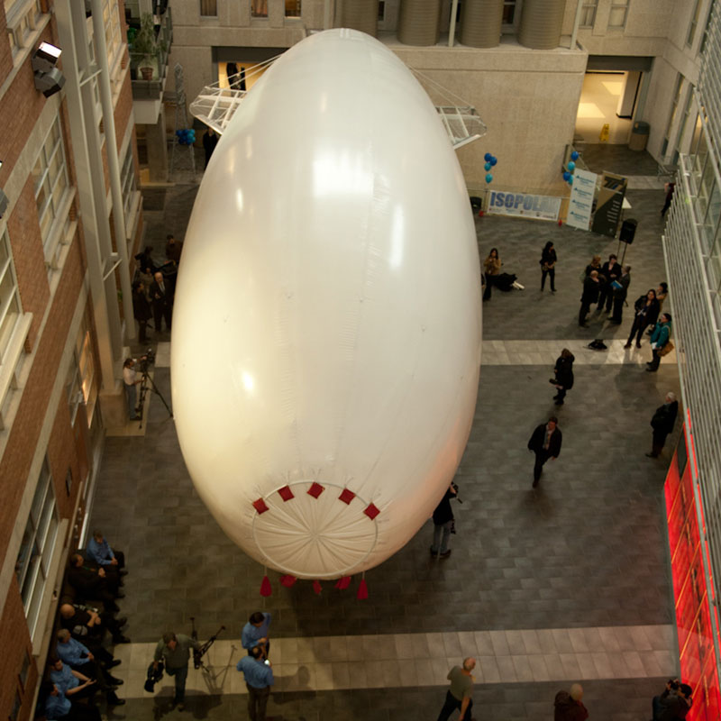 One airship was a test vehicle that was created to show the versatility of such craft, and had been inflated and displayed briefly inside the Engineering Atrium at the Fort Garry Campus.