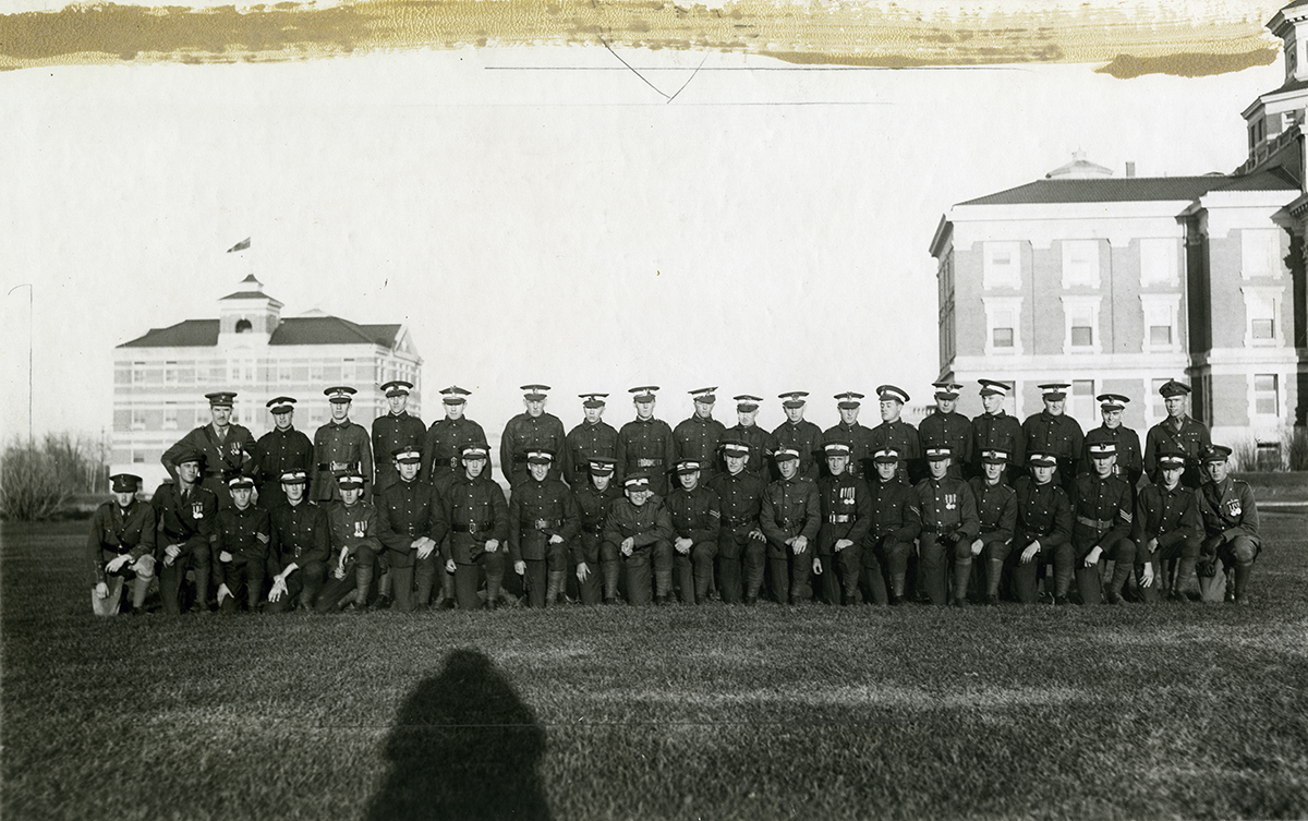 U of M Canadian Officer Training Corps members lined up in front of the Home Economics and Agriculture buildings at the U of M // Photo courtesy of UM Digital Collections