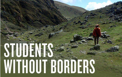 A student in a valley and text that says Students Without Borders