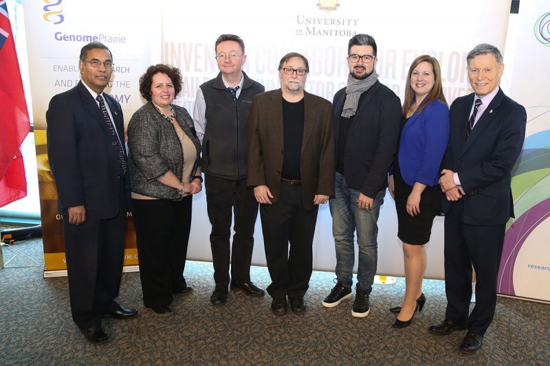 (L-R) U of M Vice-President (Research and International) Digvir S. Jayas, Research Manitoba CEO Christina Weise, Genome Prairie Director of Operations Simon Potter, CEOS Research Professor Gary Stern, CAIP Chair Casey Hubert, MLA Sarah Guillemard and MP Terry Duguid at the Genice announcement on Jan. 16, 2017.