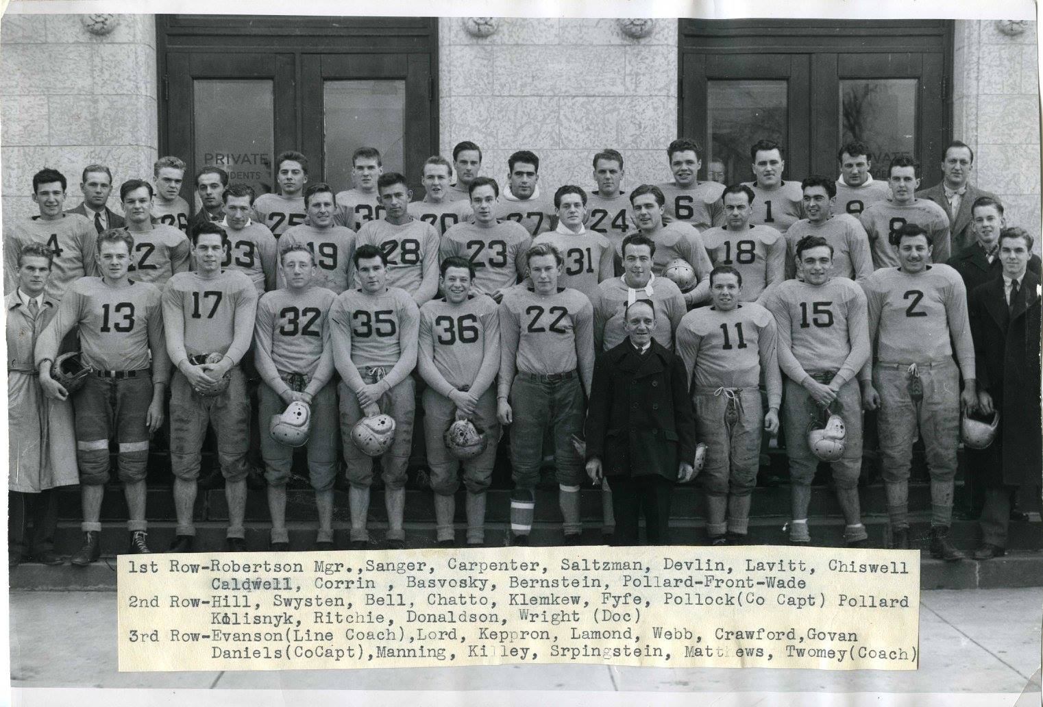 A photograph, dated 1946, of the 1946-1947 University of Manitoba Football Team. A note affixed to the front of the photograph reads: 1st Row - Robertson Mgr., Sanger, Carpenter, Saltzman, Devlin, Lavitt, Chiswell, Caldwell, Corrin, Basvosky, Bernstein, Pollard - Front - Wade / 2nd Row - Hill, Swysten, Bell, Chatto, Klemkew, Fyfe, Pollock (Co Capt), Pollard, Kolisnyk, Ritchie, Donaldson, Wright (Doc) / 3rd Row - Evanson (Line Coach), Lord, Keppron, Lamond, Webb, Crawford, Govan, Daniels (Co Capt), Manning, Killey, Srpingstein (sic), Matthews, Twomey (Coach).<br />
Source: Faculty of Physical Education and Recreational Studies fonds