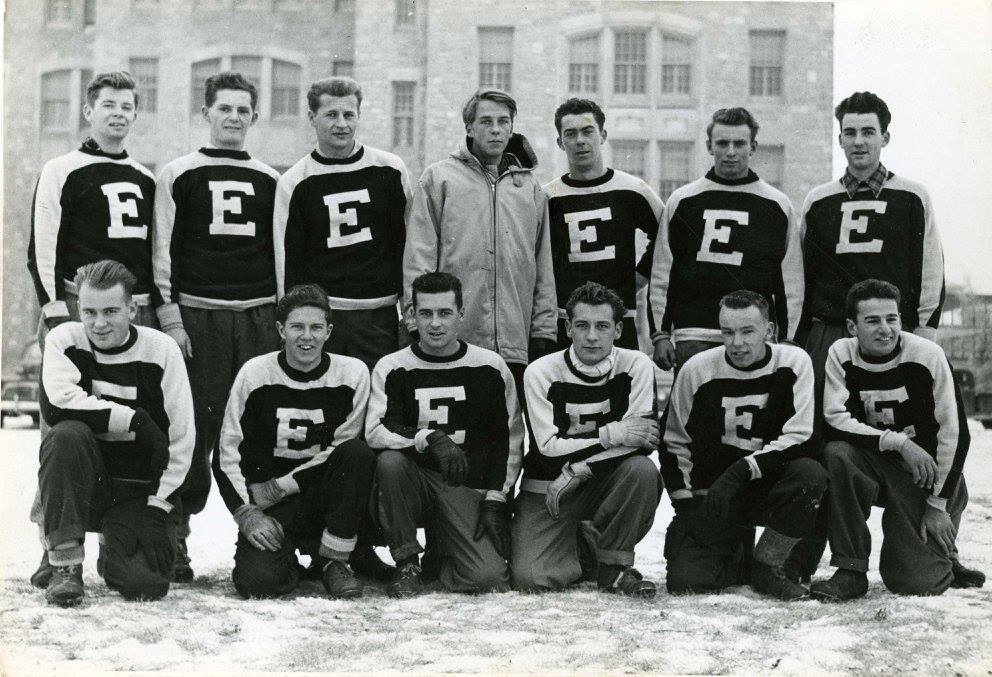A photograph, dated 1949, of the University of Manitoba Intramural Junior Soccer Champions, from the Faculty of Commerce. Back row (left to right): Bob Rice, Al Buchanan, Bert Anderson, Bruce Miller, Alan Dales, (unidentified) Ray Jewison. Front row (left to right): Gordon Patterson, Graham Mitchell, Bill Warden, Bill McVicar, Harry Abbott, Ted Ferley.<br />
Source: Faculty of Physical Education and Recreational Studies fonds