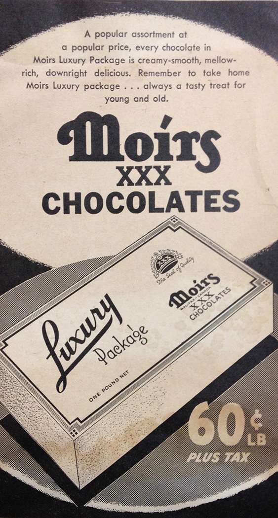 Moirs XXX Choclate ad from Snacks: A Canadian Food History (University of Manitoba Press)
