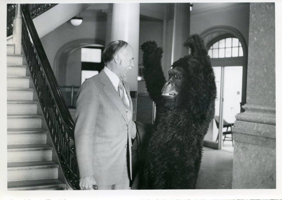 President Campbell gets a surprise visitor, 1977.<br />
Source: University Relations & Information Office fonds