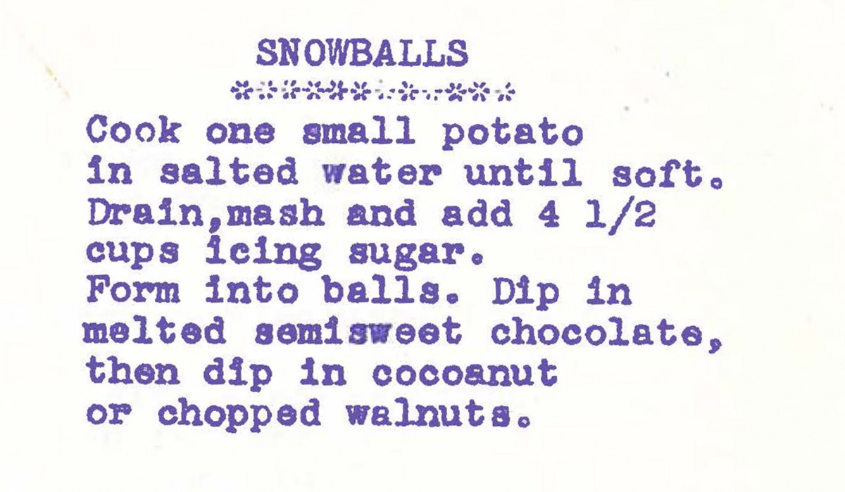A recipe for "snowballs" made from potatoes and sugar, found in archives
