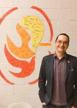 Kevin Lamoureux pictured here with elementary student depiction of the NCTR logo