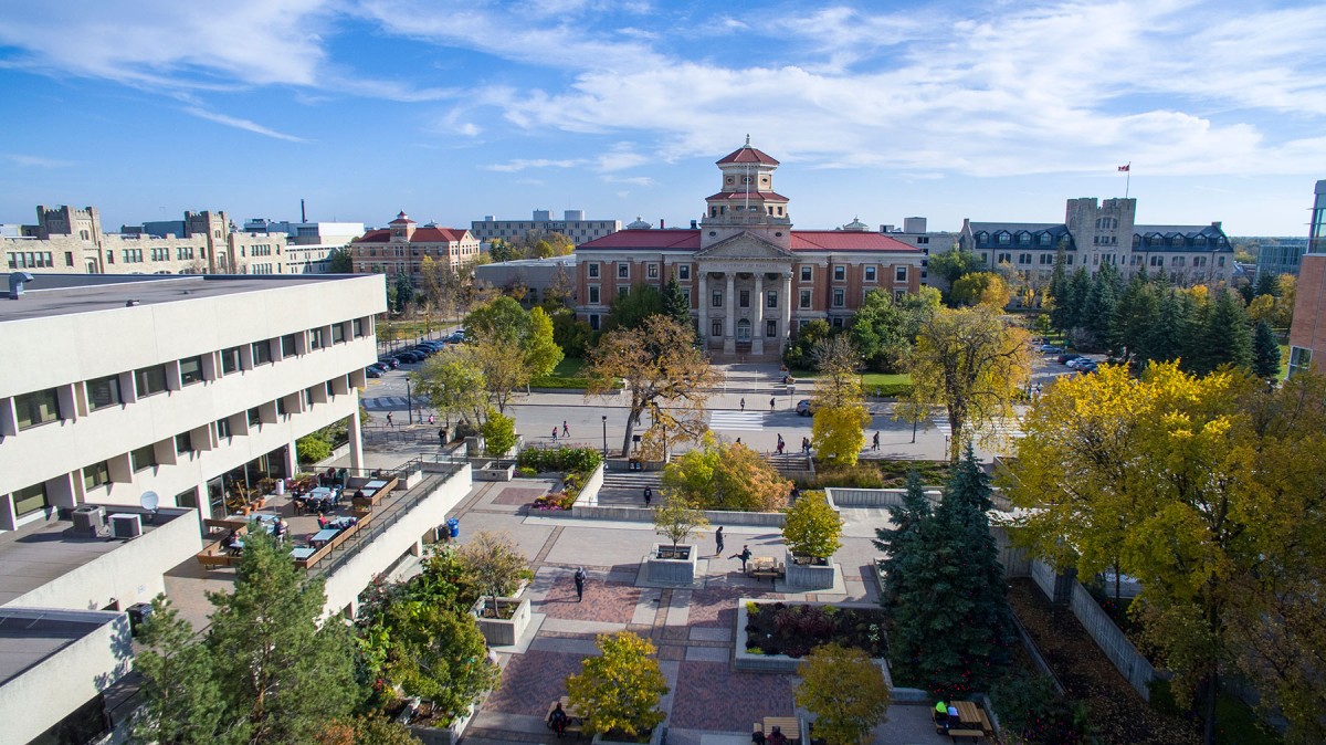 An aerial view of the University campus overlooking the Admin building, taken in Fall 2016.
