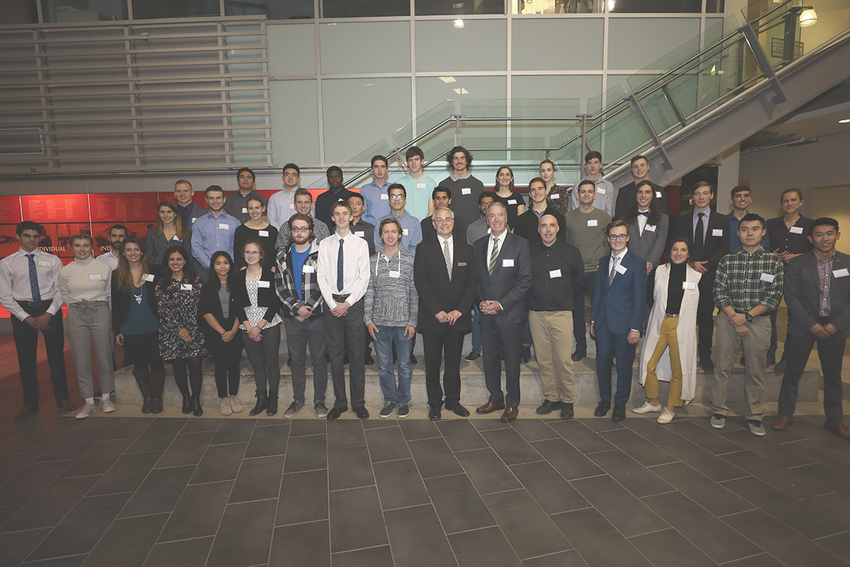 Gerry Price (sixth from right in front row) at the Oct. 25, 2018 event celebrating the first recipients of the inaugural Price Scholarships in Engineering.