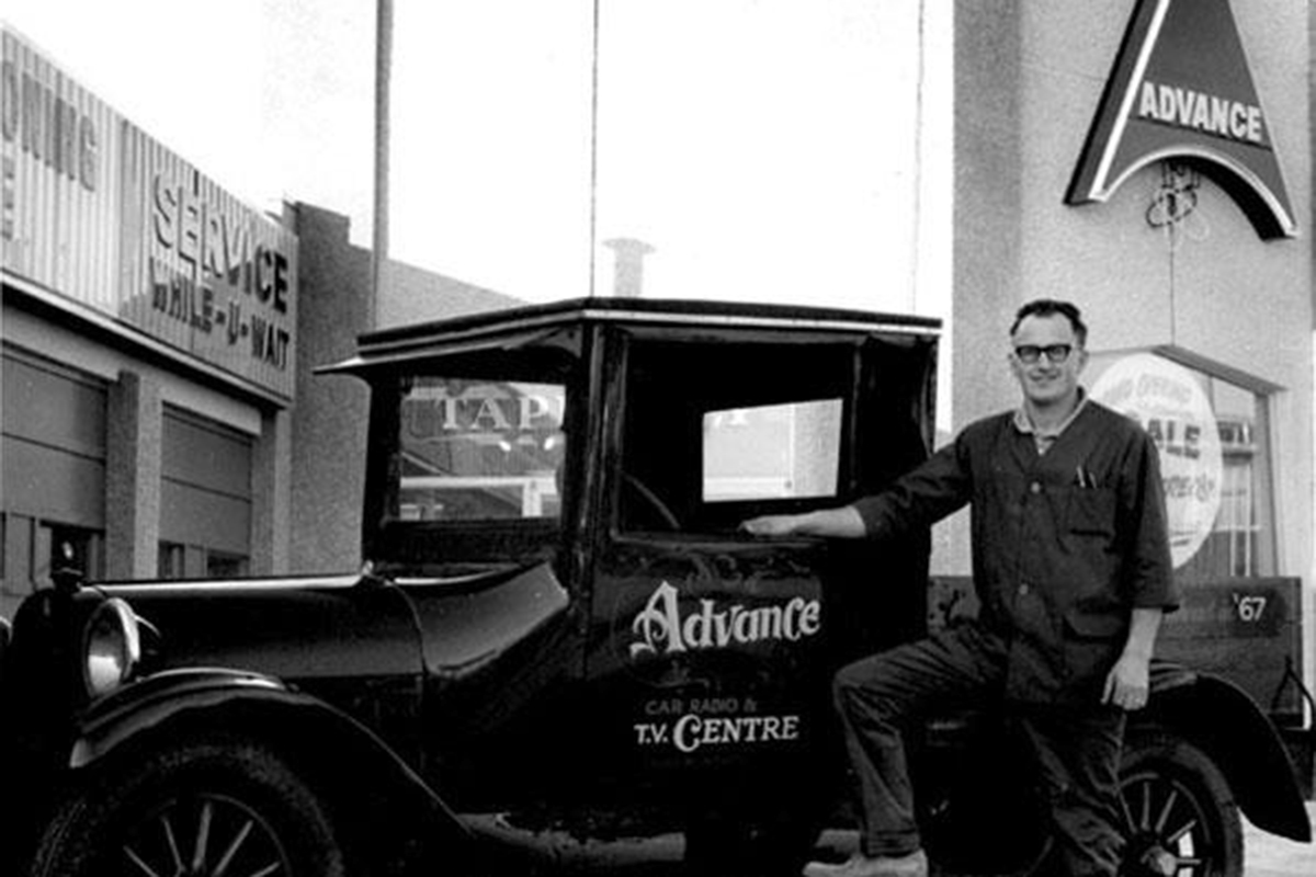 Arnold Frieman at the grand opening of Advance Electronics in Winnipeg, 1967. // Photo from Advance Electronics