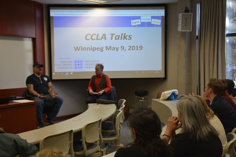 James Favel, Executive Director of Winnipeg’s Bear Clan Patrol (left) in conversation with Michael Bryant, Executive Director and General Counsel for the CCLA.