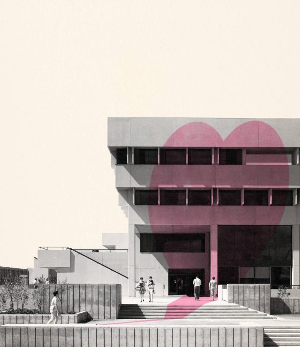 The U of M's University Centre, with a pink superimposed illustration of a heart over top.