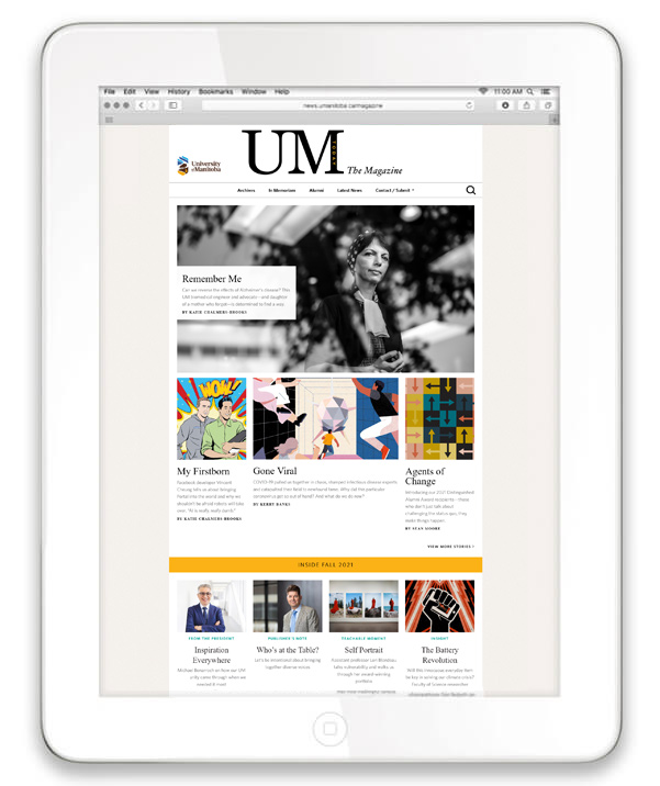 The 2021 Fall landing page of UM Today: the Magazine on a tablet background.