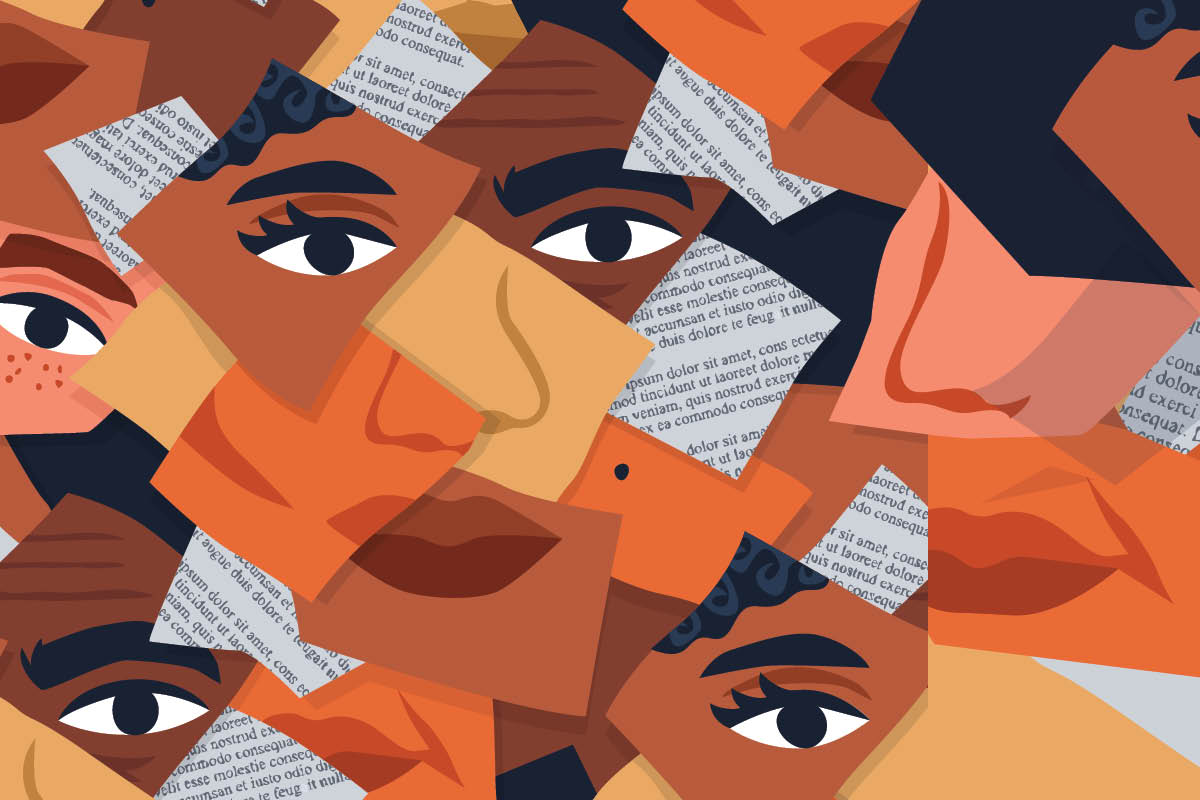 An illustration of faces of varying skin colors pieced together in a collage.