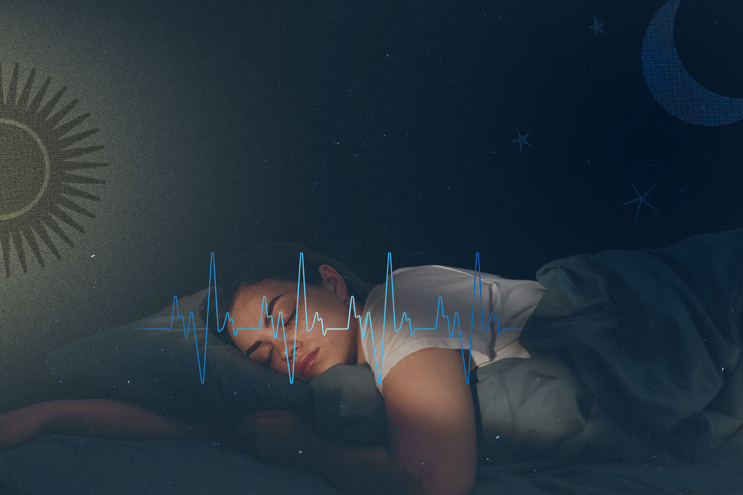 A woman sleeping with an image of heart beats over her head