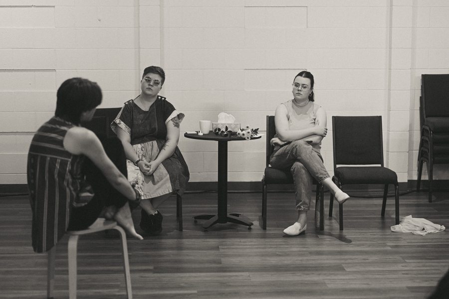 Eden Middleton (center) at their 2024 theatre piece After There Will Be Flowers with collaborators Eve Beauchamp (left) and Lizzie Rajchel (Right).