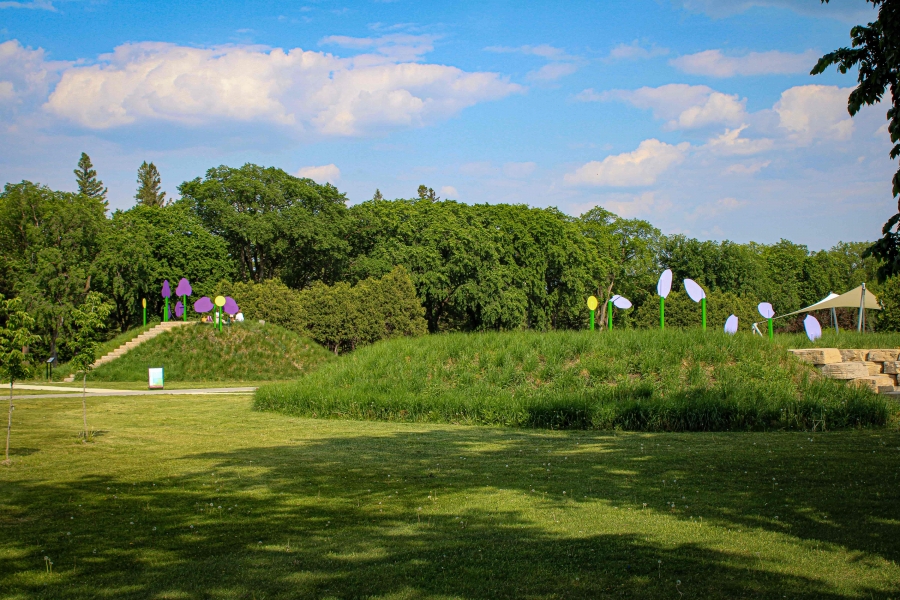A grassy park with colorful, abstract flower sculptures on small hills under a blue sky with white clouds. Dense green trees line the background.