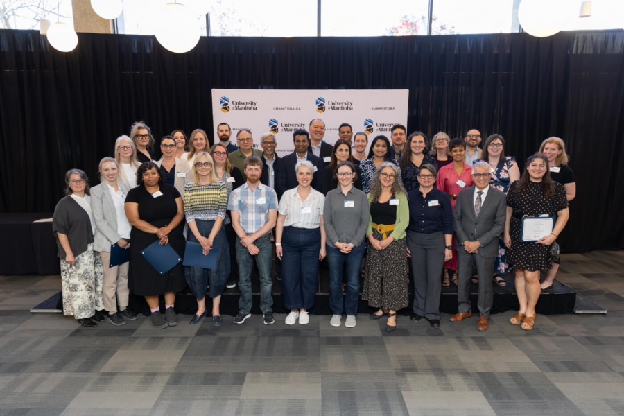 Recipients at the 2025 Faculty Recognition Reception, with President Michael Benarroch and Provost Diane Hiebert-Murphy