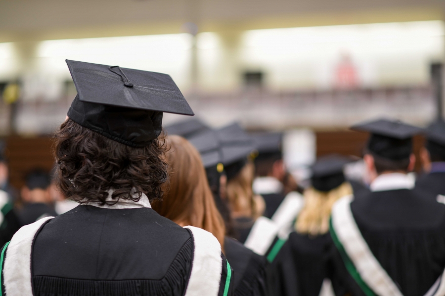 A University graduate's cap is seen from behind