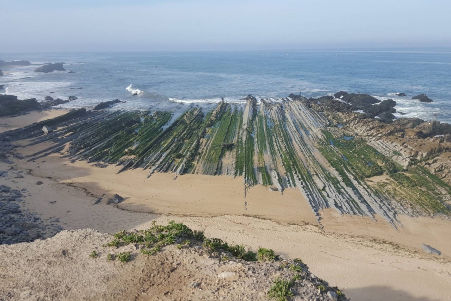 Middle Jurassic sedimentary rocks captured off the coast of Portugal.