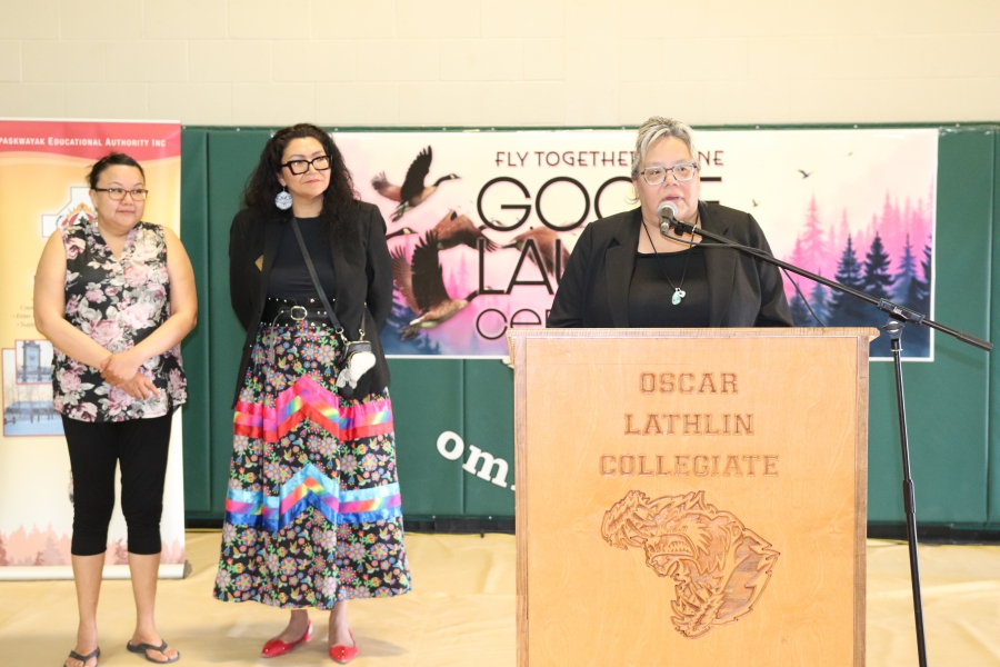 St. Theresa Point educator Stephanie Wood speaks at the GOOSE launch ceremony, along with Tricia Manoakeesick and Margaret Hart.