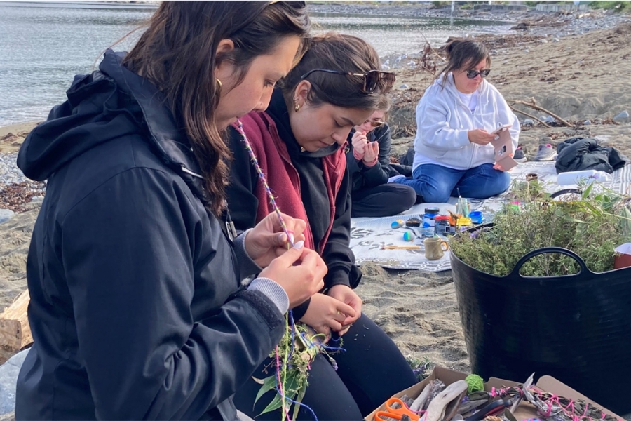 A group of Indigenous women work with medicinal plants on a beach in New Zealand.