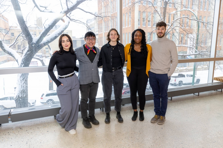 Fazia Ait Zenati, Brian Si Nhat Nguyen, Joanna Candas, Christina Federick, and Dario Lorenzoni standing in a row.