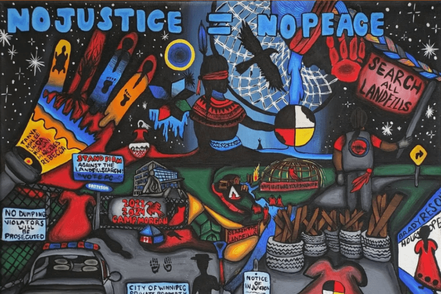 Artwork titled “No Justice = No Peace” depicting calls to search landfills and honour missing and murdered Indigenous women.