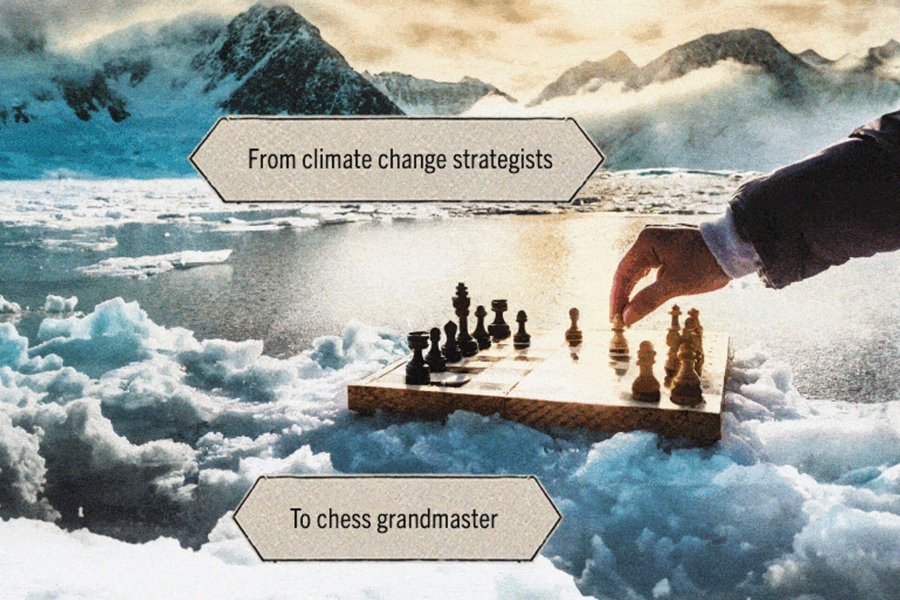 A hand moves a chess piece on a board set in the Arctic with the words 'From climate change strategists to chess grandmaster'