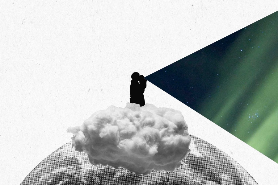 A figure standing on the top of the world with a triangle illustrating its voice, reflecting the northern lights