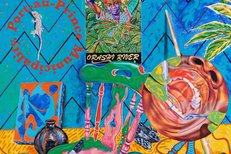 Vibrant oil painting by Chukwudubem Ukaigwe featuring layered figures, objects, and text in a dense, surreal composition; Darn that Dream, 2022.