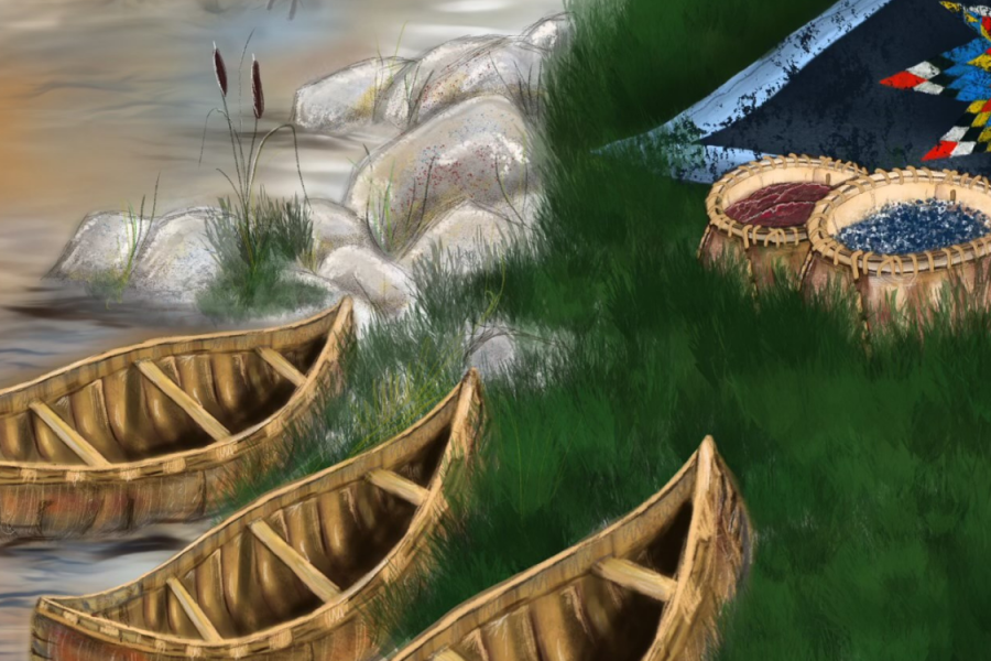 Illustration of three wooden canoes by a riverside with grass, rocks, woven baskets filled with berries, and part of a colorful blanket.