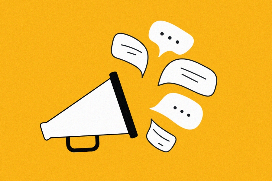 A graphic of several speech bubbles coming out of a blowhorn.