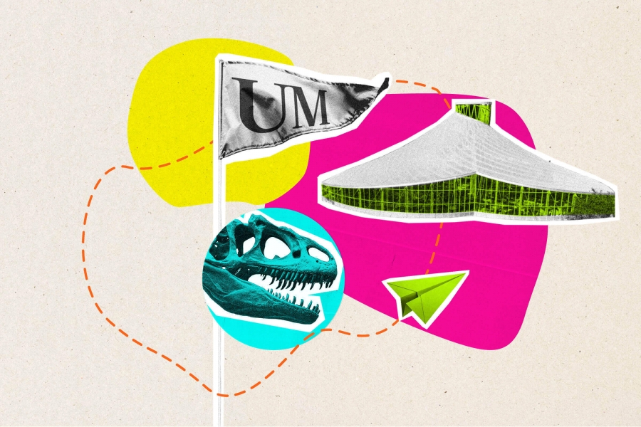 A collage of a dinosaur skeleton, a building, a paper airplane and a UM flag with colourful shapes in the background