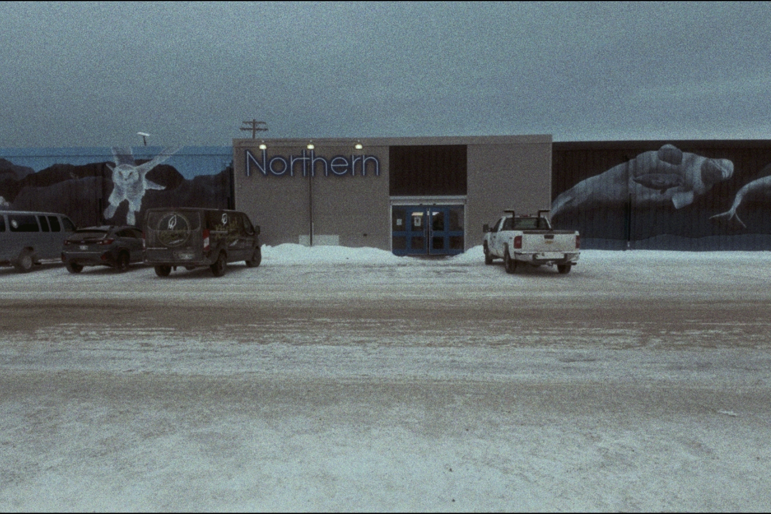 A northern store in Churchill, Manitoba painted with a huge mural depicting a snowy owl in flight and beluga whales.