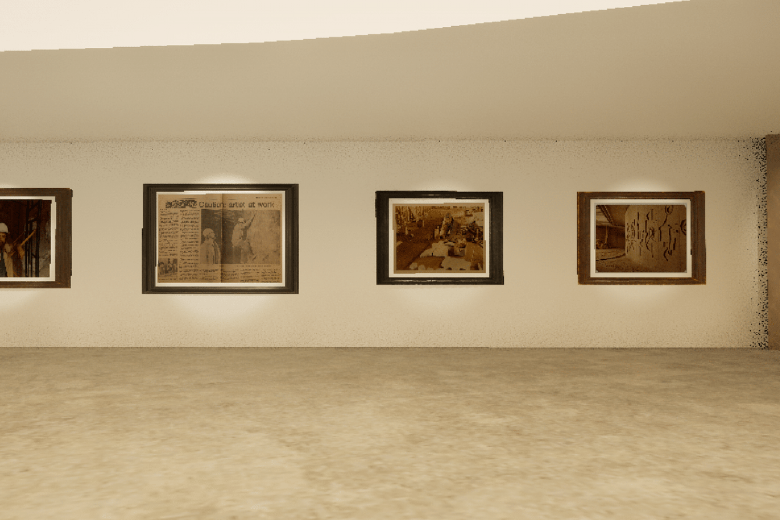 Spacious gallery with four framed artworks on a white wall. 