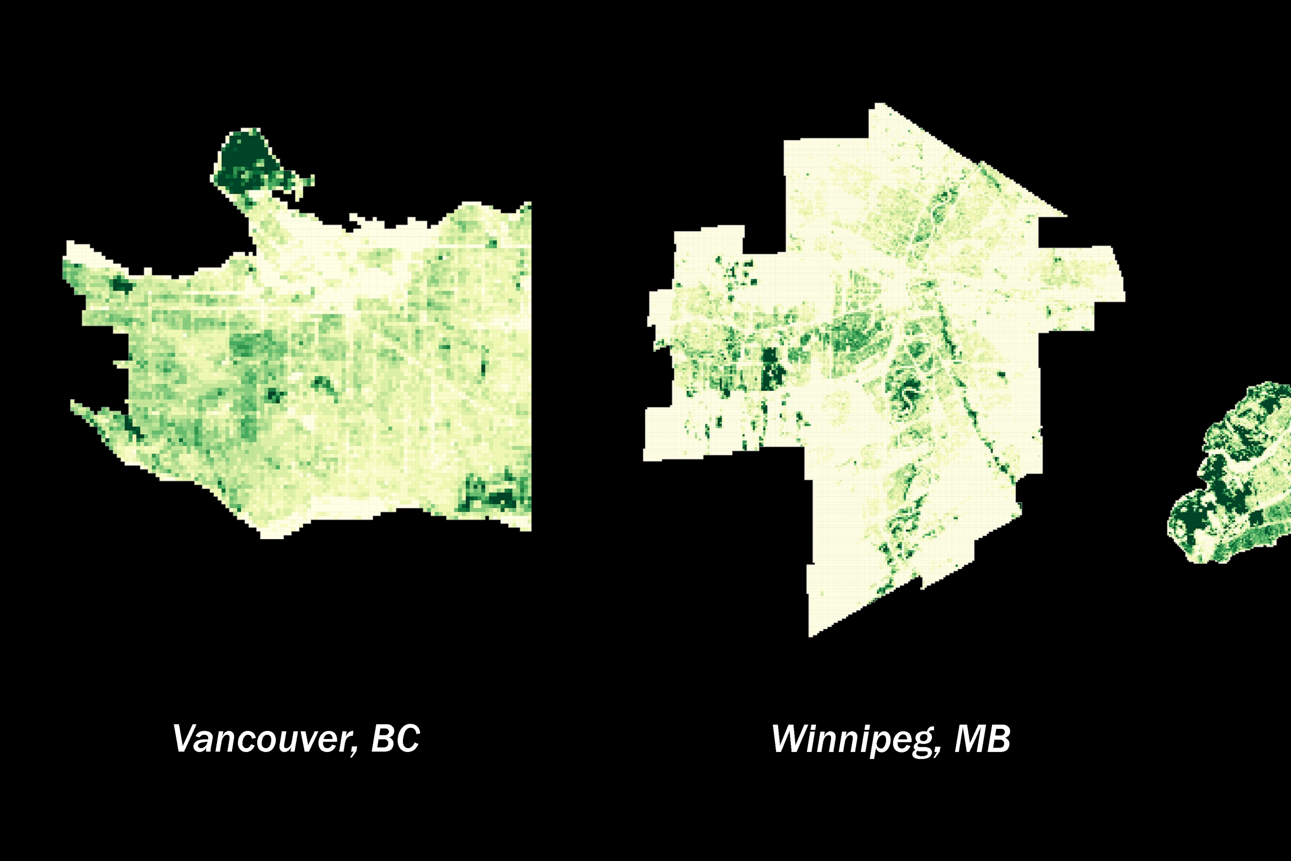Map showing urban tree cover in Vancouver, Winnipeg, and Montreal.