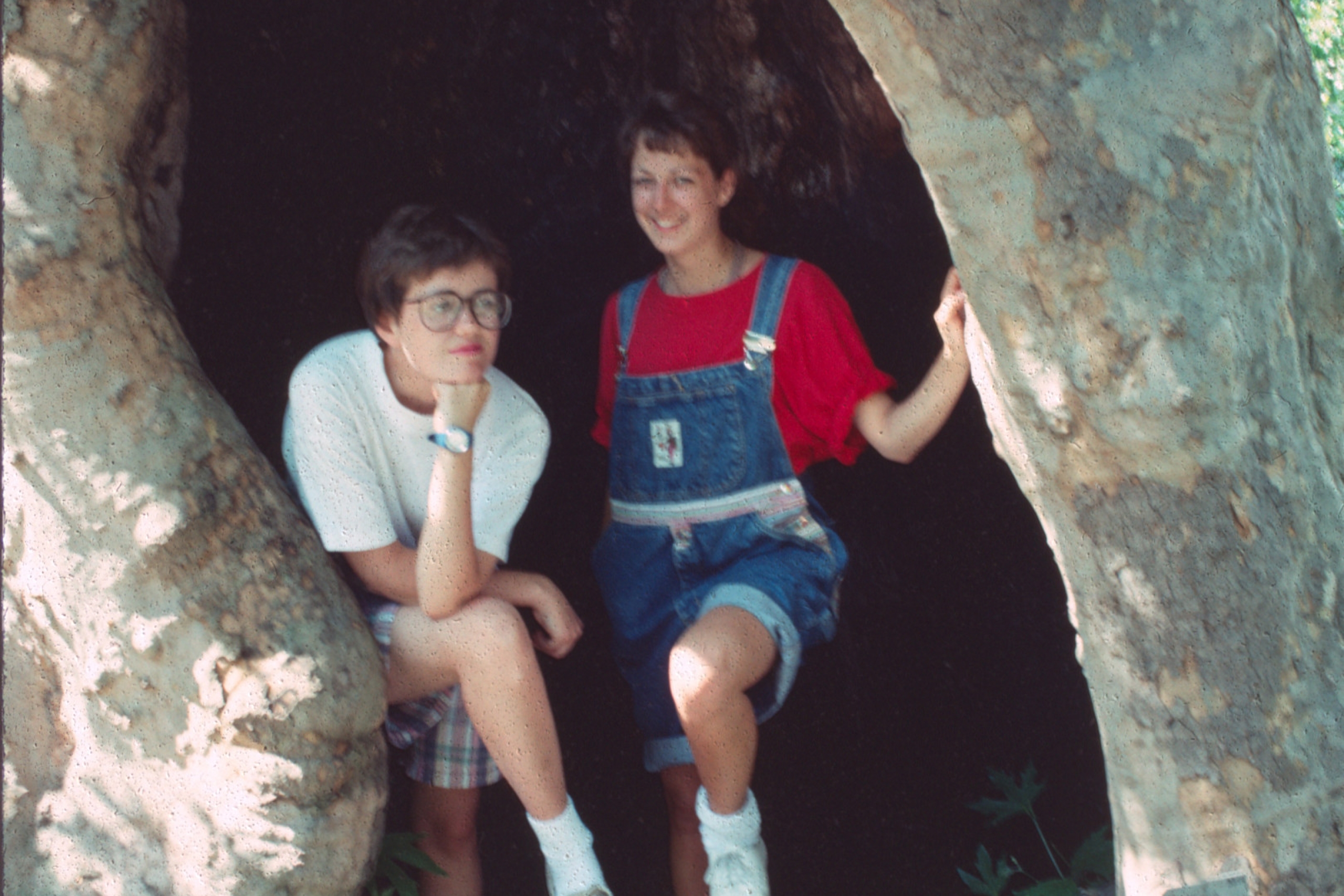 Two people pose happily inside a large tree hollow. One wears glasses, a white shirt, and shorts, while the other is in a red shirt and overalls.