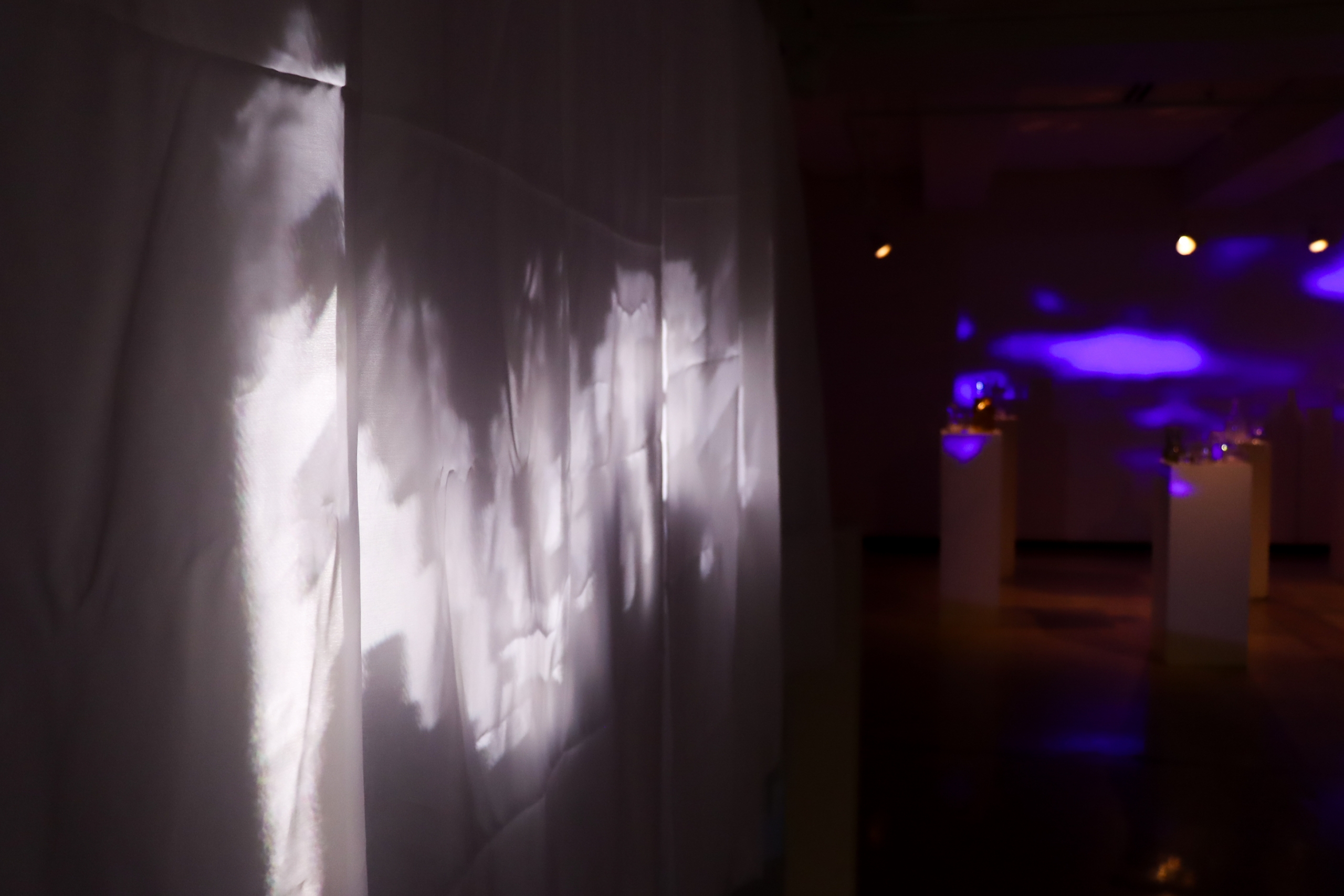 Soft-focus view down the gallery with rippling projected light and shadow along a white wall, plinths glowing in the distance.