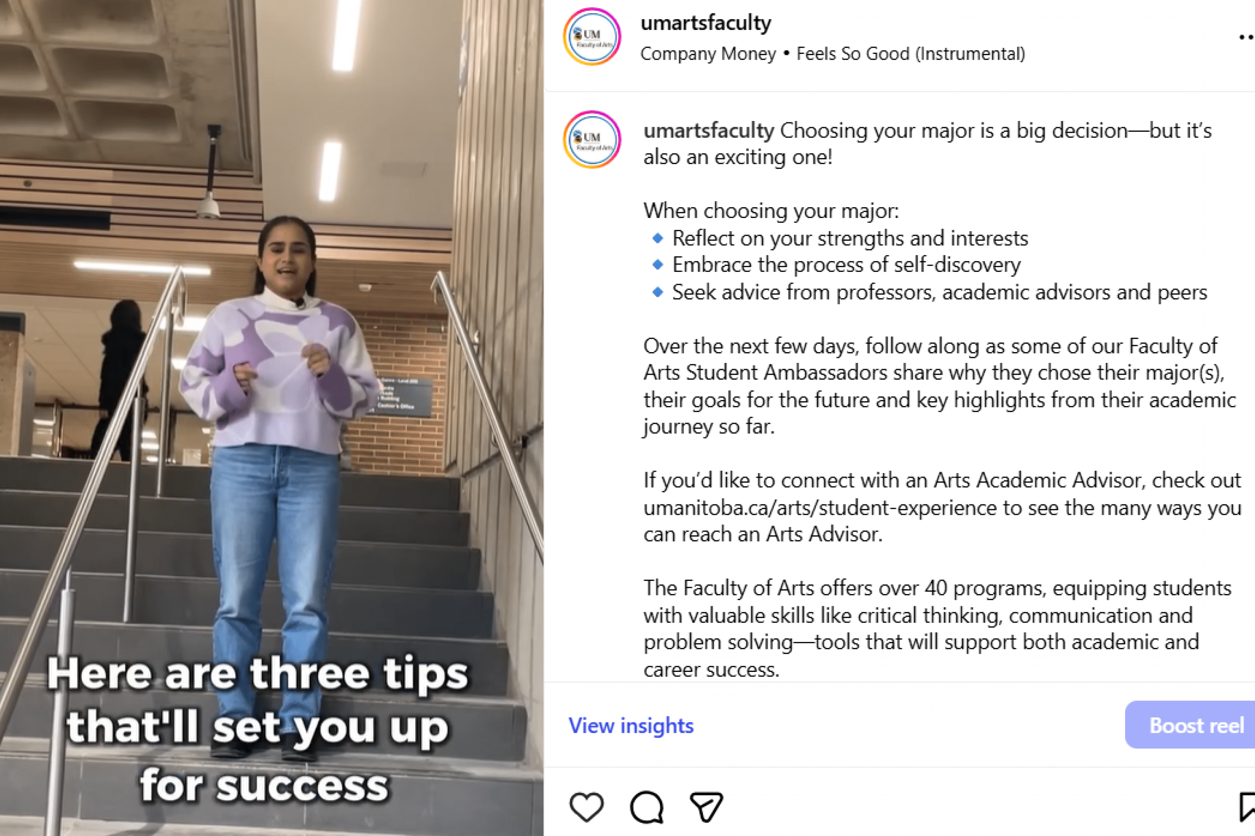 A student walking down a staircase, speaking to the camera.