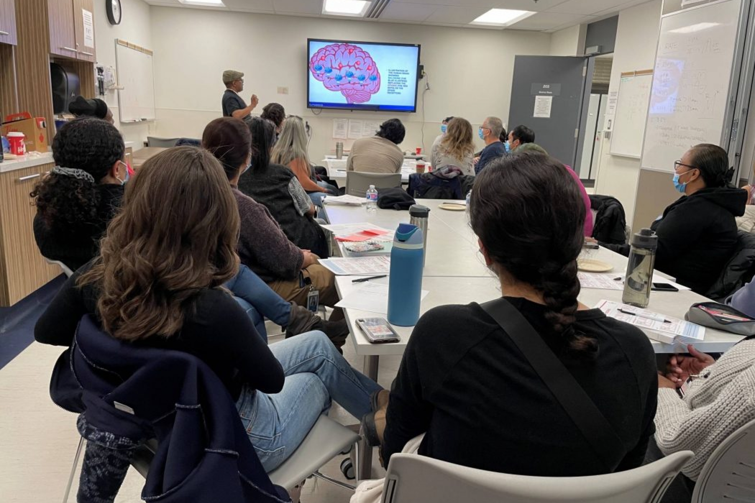 Peer/community research team in a classroom with their backs to the camera, with someone presenting an image at the front.